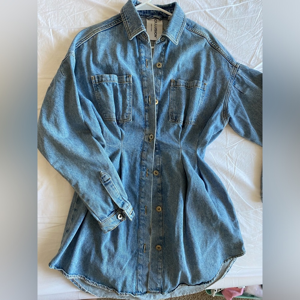 Collusion Pleated Denim Blue Dress Jacket Long Sleeve size US 2 (like XS / S) - Picture 12 of 14